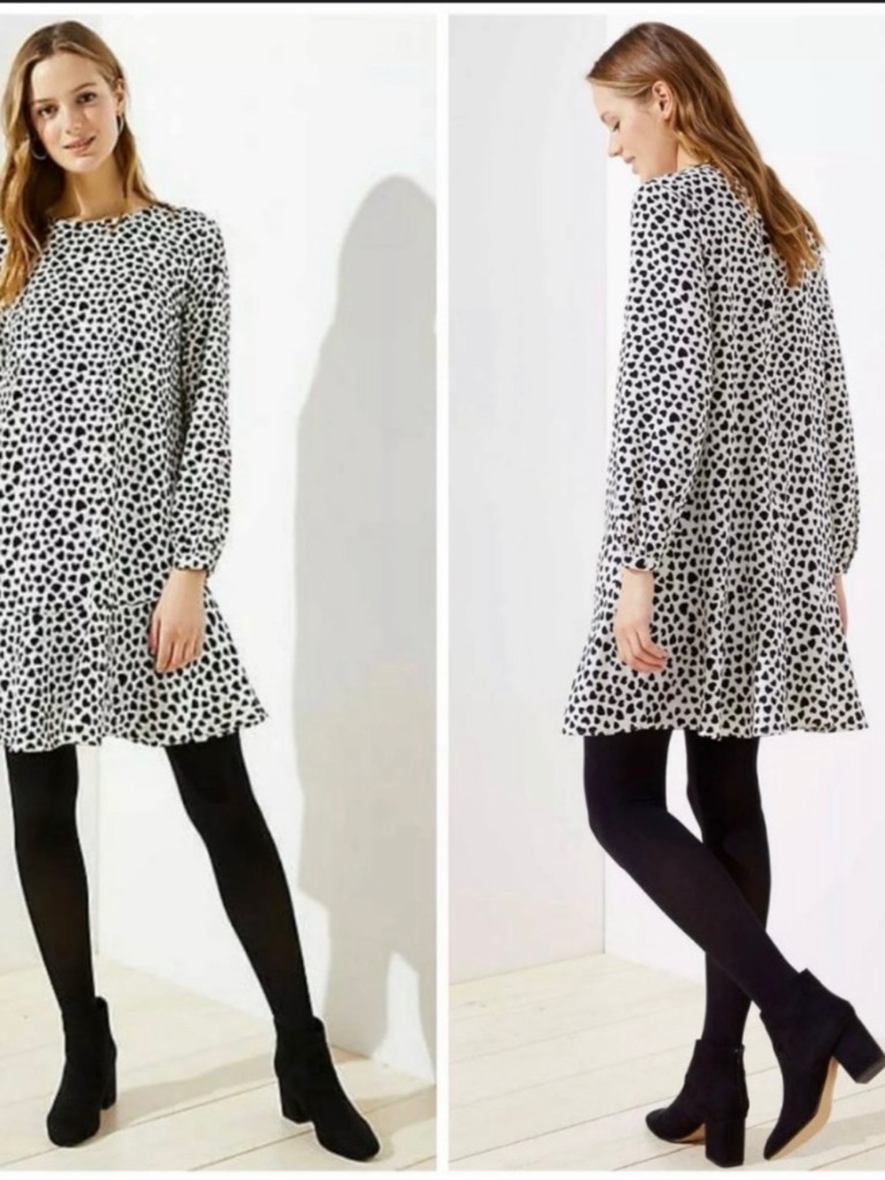 LOFT Black and White Heart Print Long Sleeve Dress Sz M